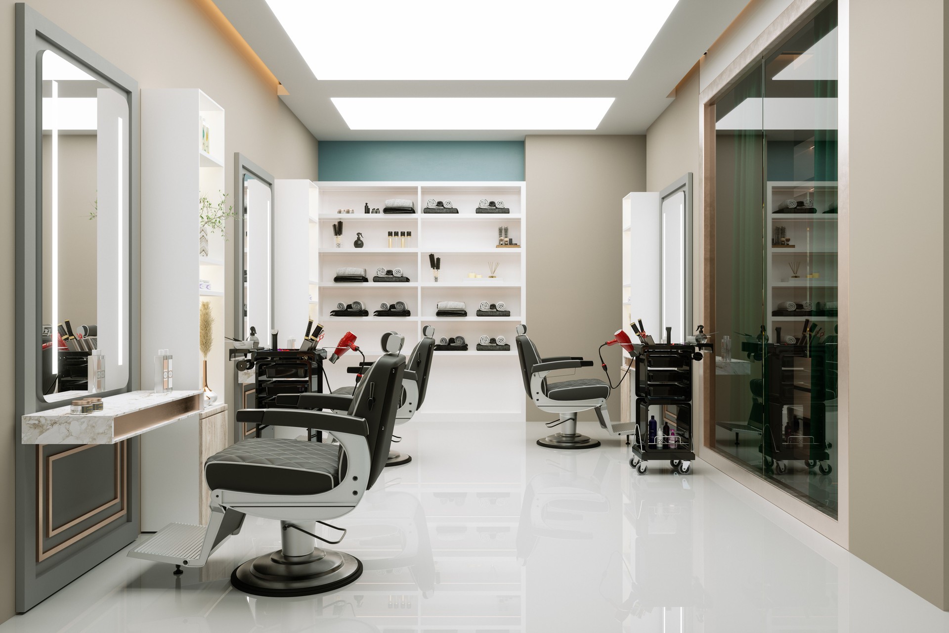 Modern luxury barbershop interior with black chairs, clean white shelves, and contemporary lighting